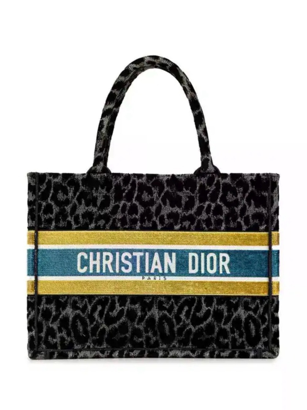 Dior Black Gray Leopard Canvas 'Christian Dior' Tote with Teal and Gold Stripe